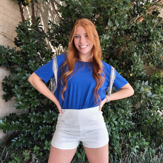 Vemoya Rhinestone Fringe Royal Blue Knit Top