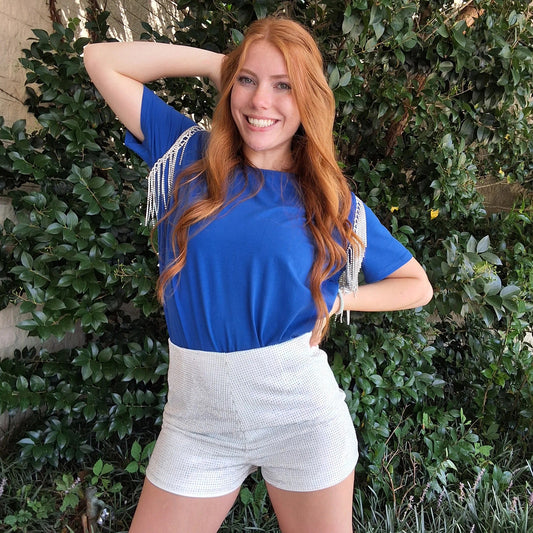 Vemoya Rhinestone Fringe Royal Blue Knit Top