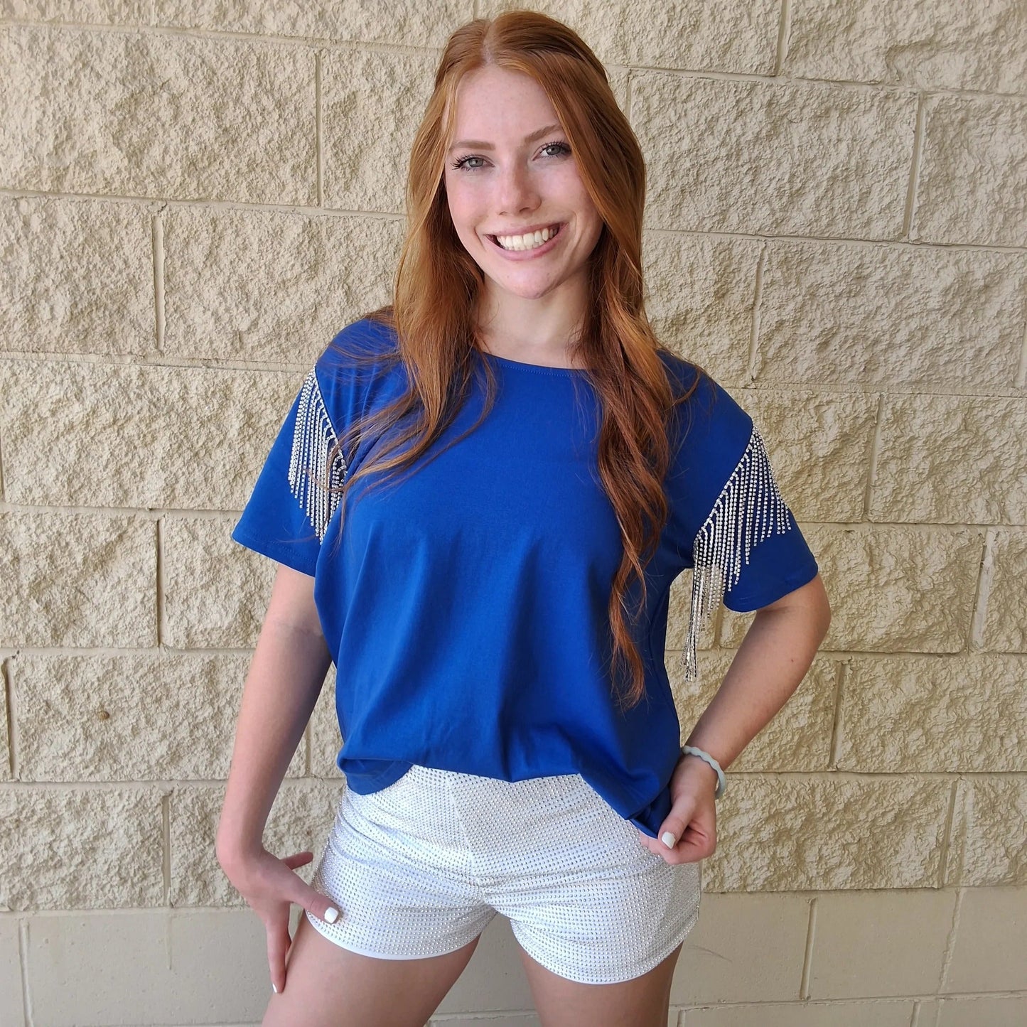 Vemoya Rhinestone Fringe Royal Blue Knit Top